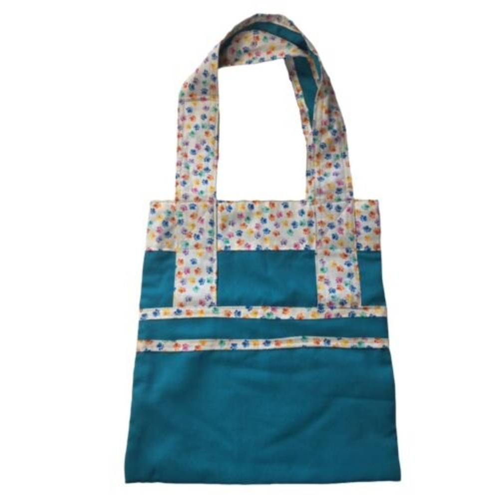 Handmade Large Puppy Dog Paws Cotton Tote Bag Laptop Book Pastels Teal 15" X 14"